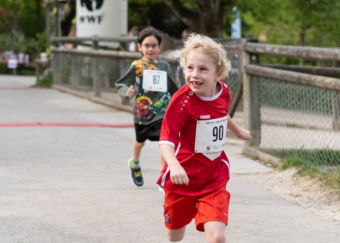 Ein rennendes, lächelndes Kind, in roter Sportbekleidung, welches an einem Lauf im Walter Zoo teilnimmt.